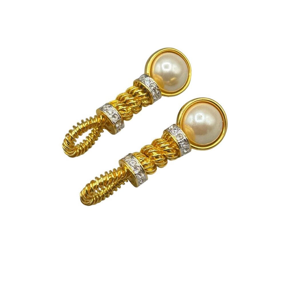 Vintage Valentino Earrings Twist Gold Tone Faux Pearl Rhinestones Made in Italy